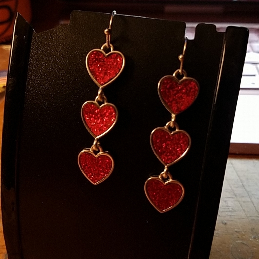 Triple Glittered Hearts Silver 1.5" Earrings